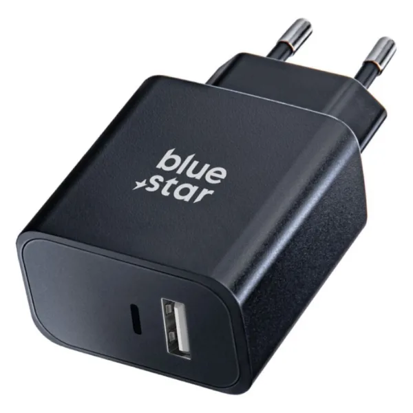 Blue Star Wall Charger Γρήγορης Φόρτισης 25 W με 2 Θύρες Φόρτισης USB-C/ USB-A Μαύρος + ΔΩΡΟ TOUCHPEN